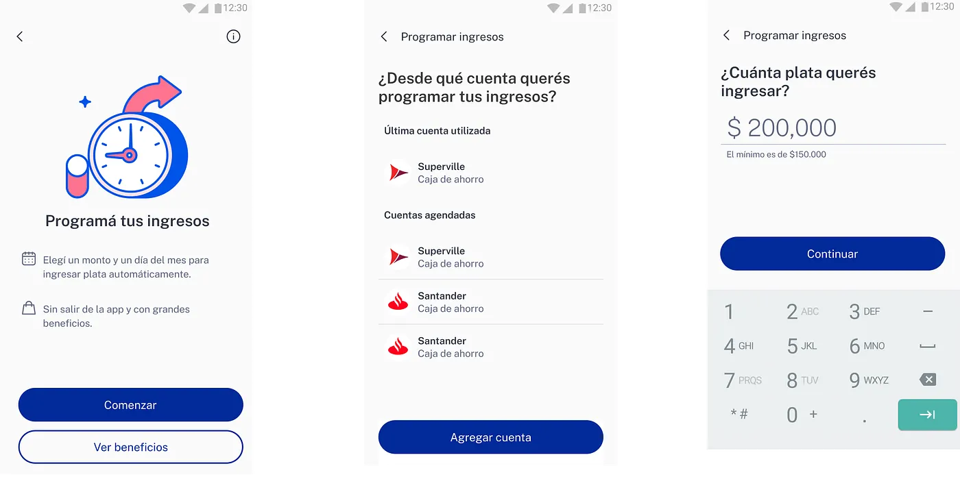 Tres pantallas del flujo Programar ingresos en la app de Ualá