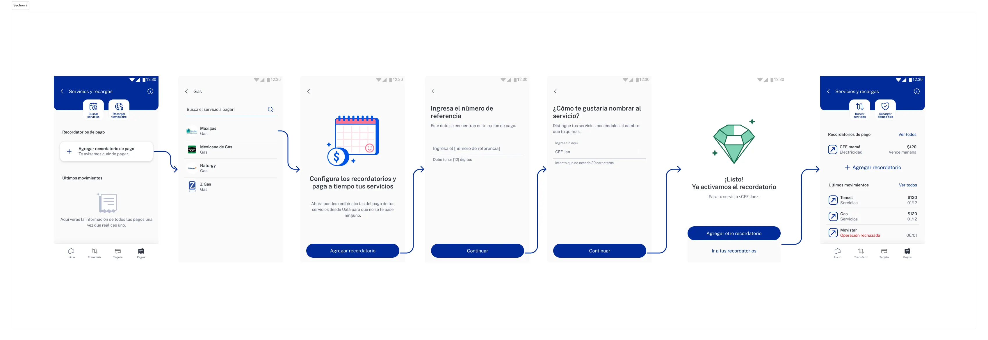 Flujo de siete pantallas para agendar un servicio